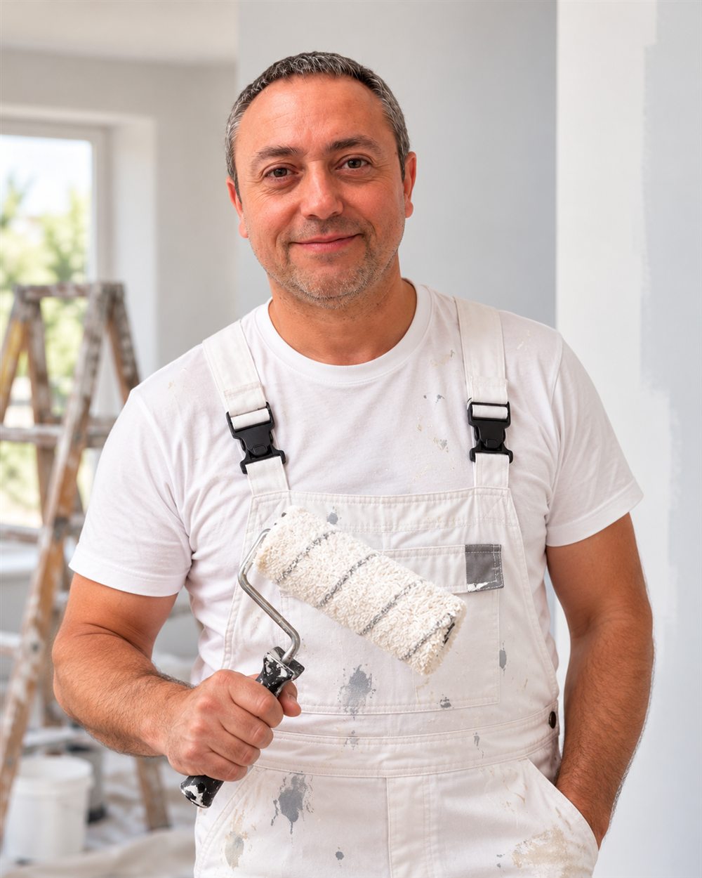 Alberto, pintor, con su mono de trabajo y un rodillo en la mano.