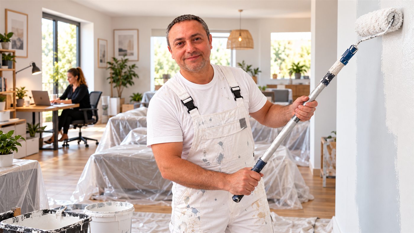 Alberto pinta una pared con los muebles tapados mientras la clienta trabaja tranquilamente en casa.